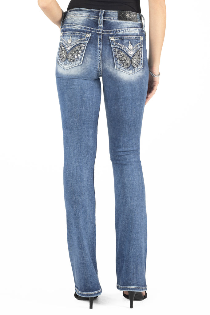 light blue flared denim jeans from the back