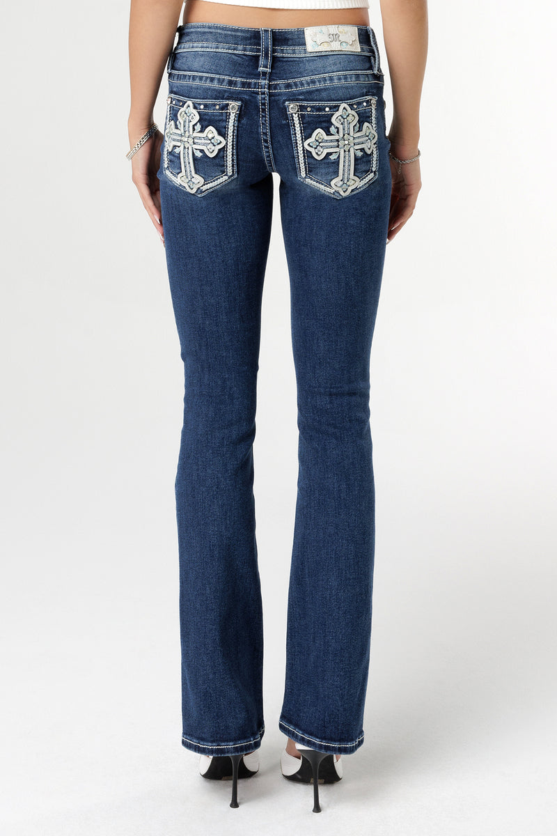 MissMe刺繍デザイン デニムパンツ C Blossoming Cross Bootcut Jeans | Only $101.15 | Med/Dark