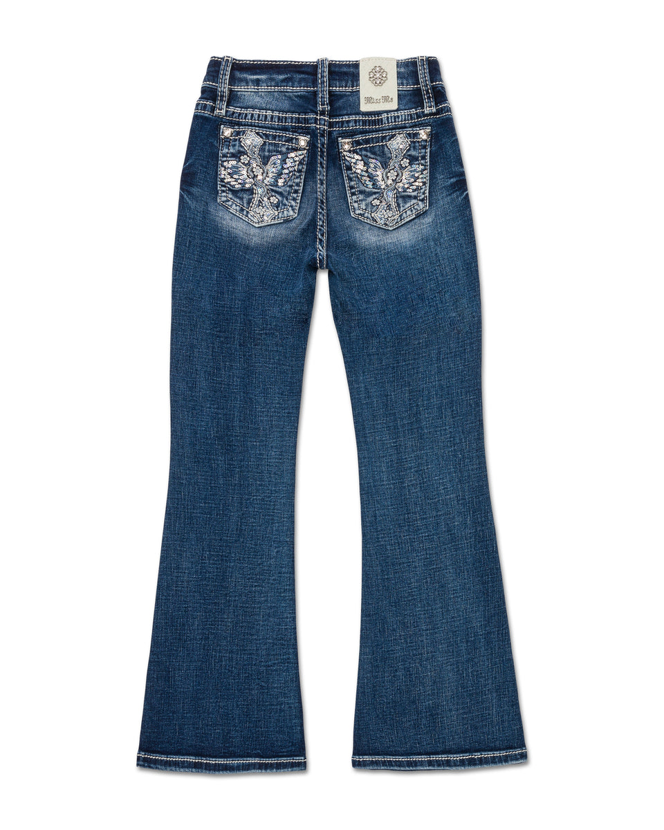 ★Polysooem★ WASHED STUDDED FLOWER FLARED JEANS Washed Studded Flower Flared Jeans