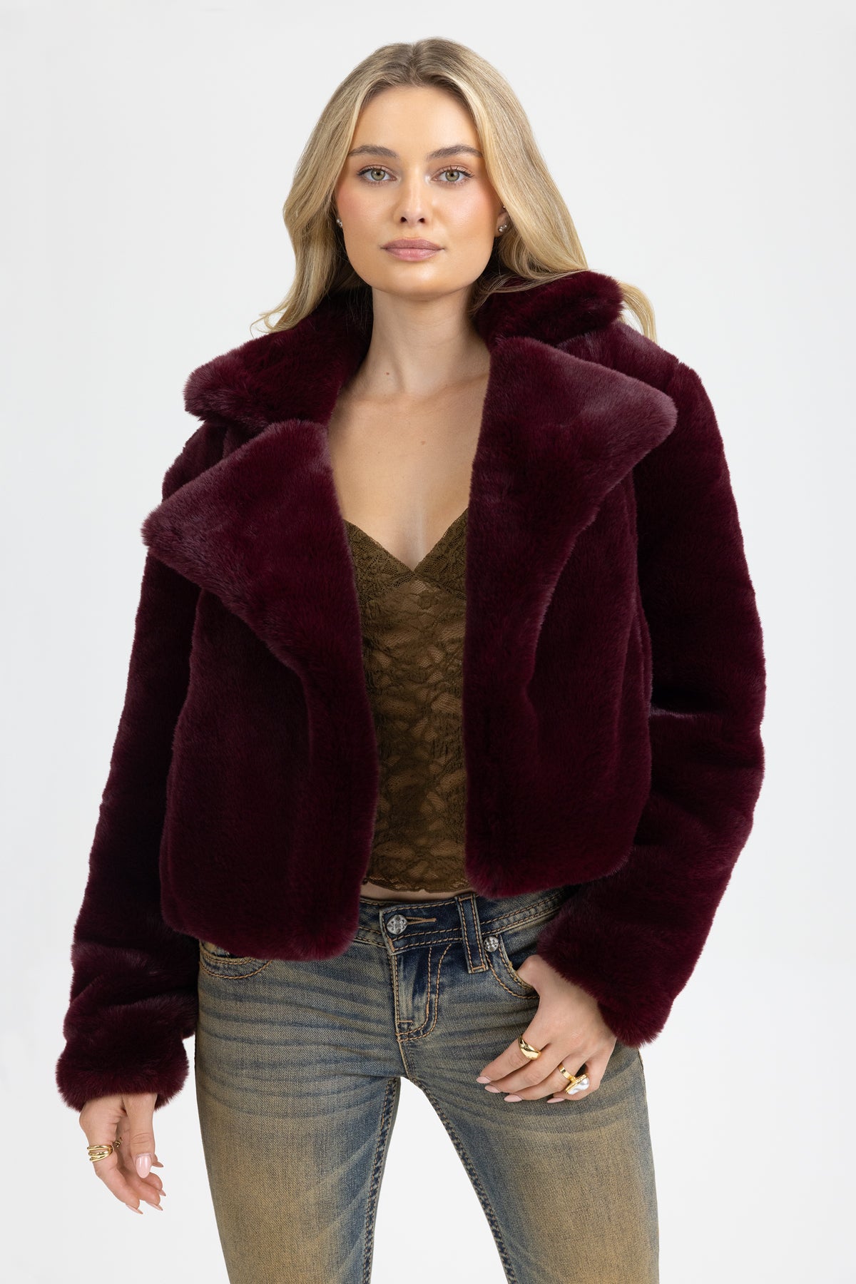 Amari Faux Fur Jacket | Only $77.00 | Burgundy Red, Black | Miss Me