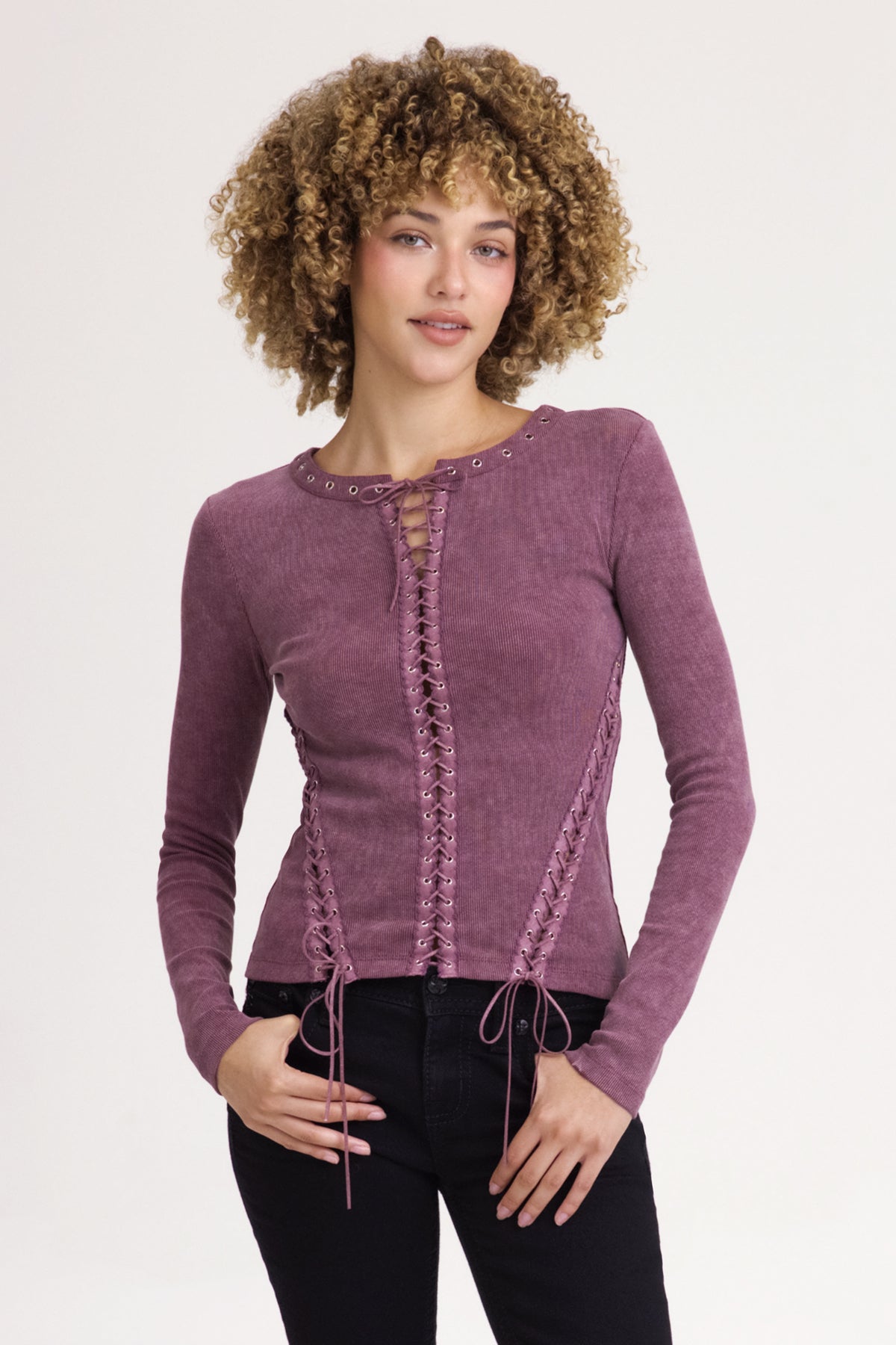 Lola Lace Up Top | Only $69.00 | Plum Purple, Charcoal Grey