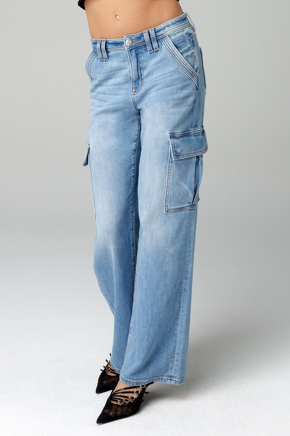 Sleek Denim Cargo | Only $119.00 | Light Wash | Miss Me