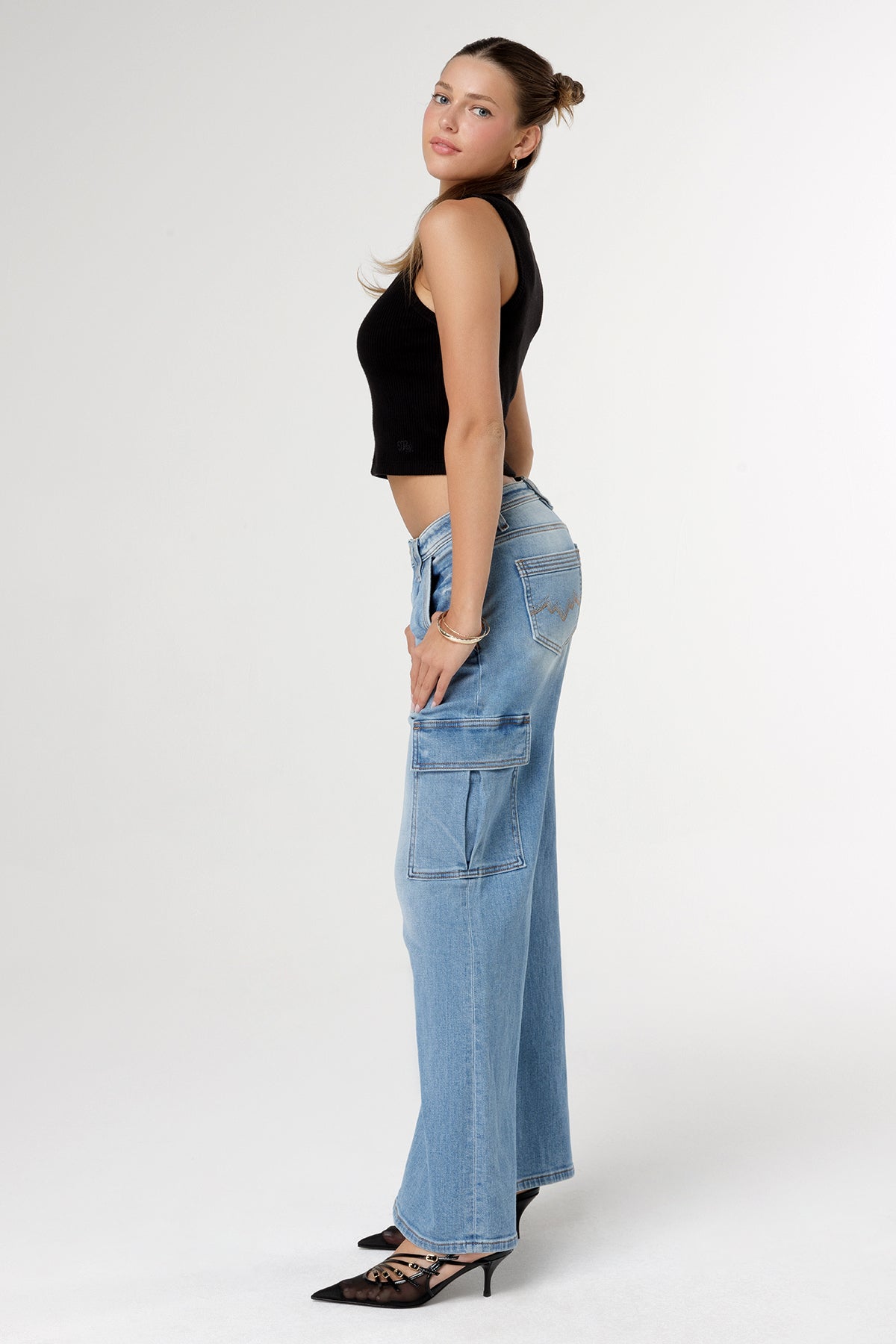 Sleek Denim Cargo | Only $119.00 | Light Wash | Miss Me
