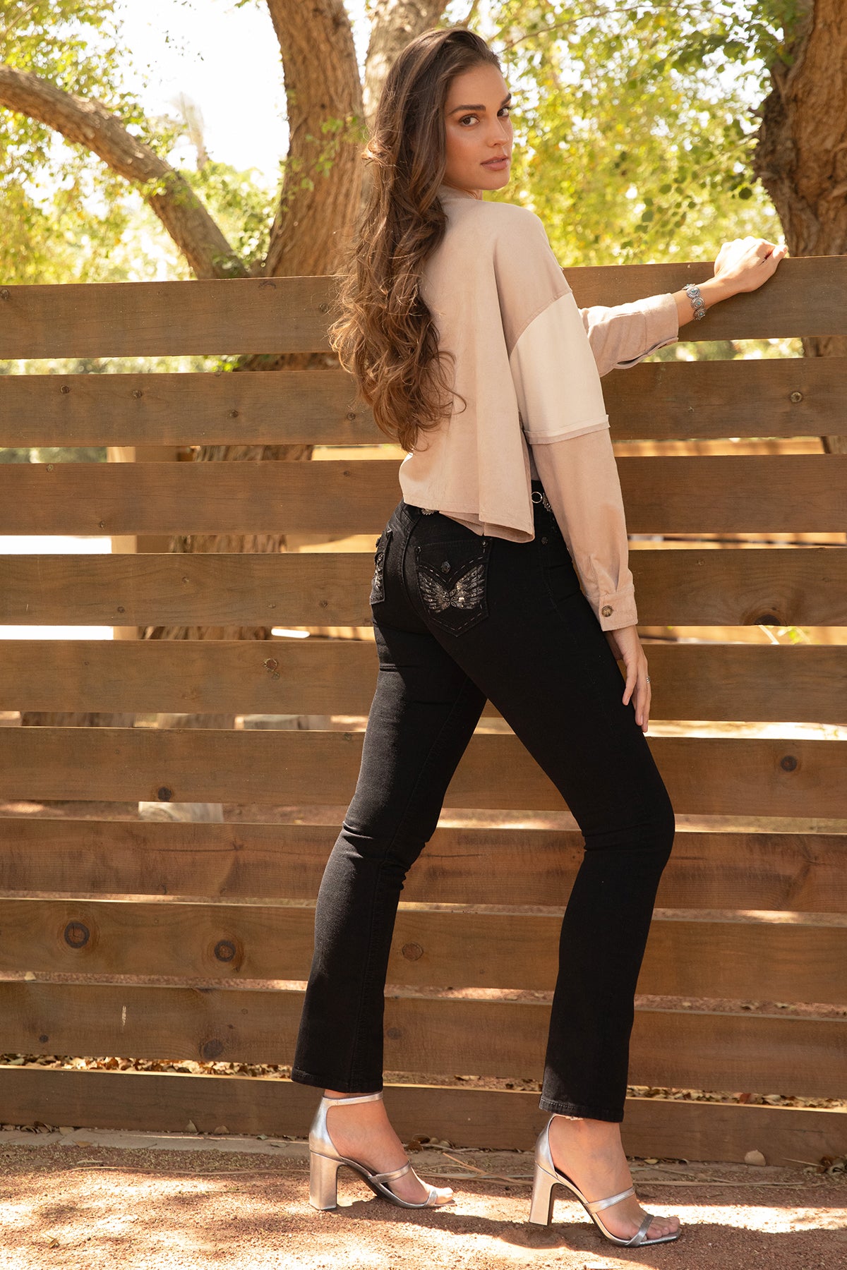 Black Metallic Wings Bootcut Jeans