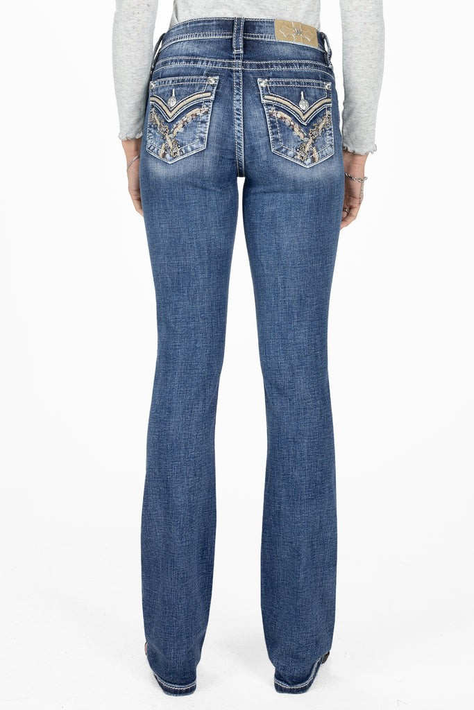 leaf vine cross stitch bootcut denim jeans