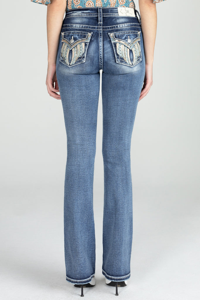 baby blue wing flap design on bootcut denim  