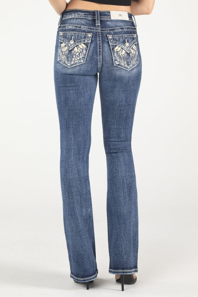 blue denim feather straight jeans