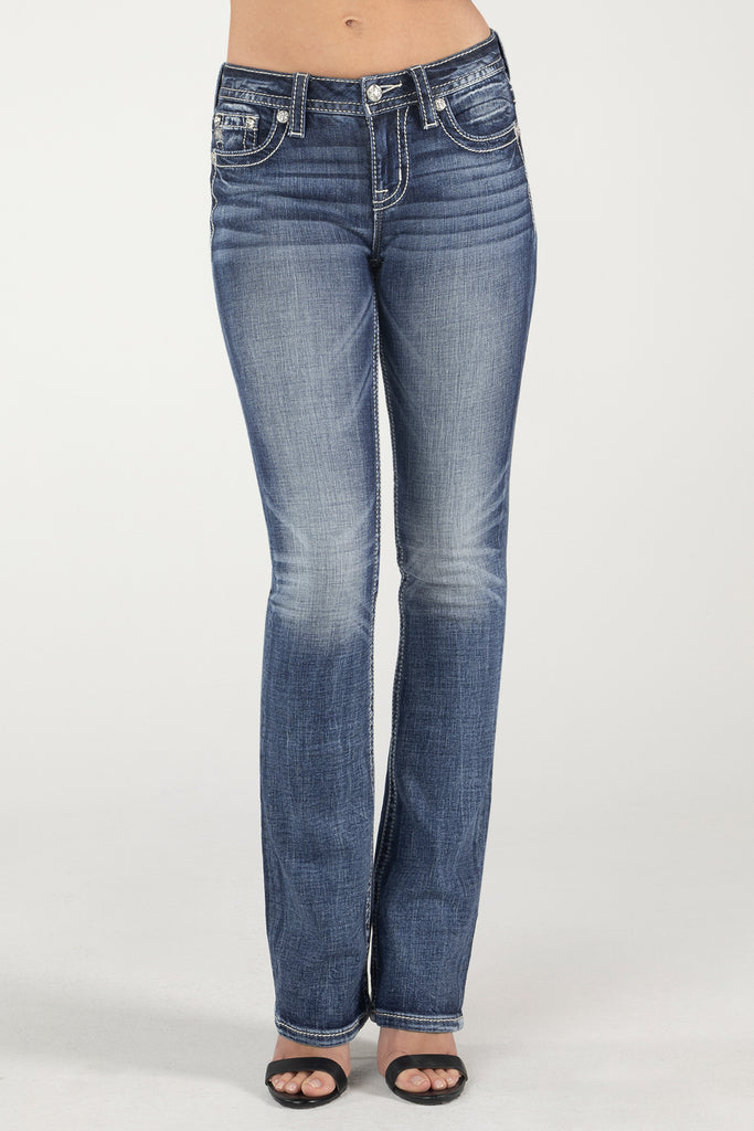 front profile of simple metallic wings bootcut jeans
