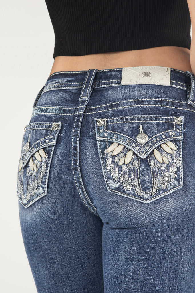 close up of simple metallic wings bootcut jeans design