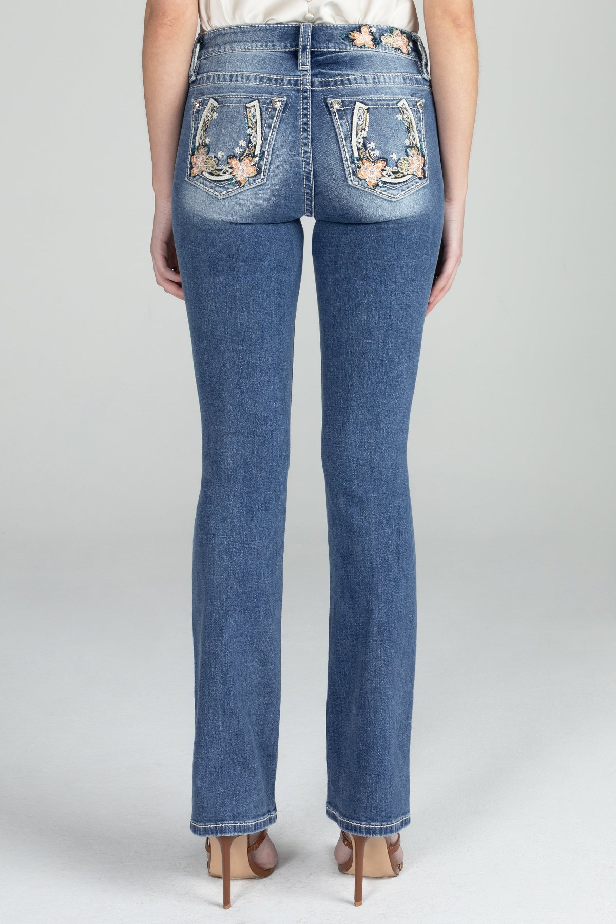 Floral Horseshoe Mid Rise Denim
