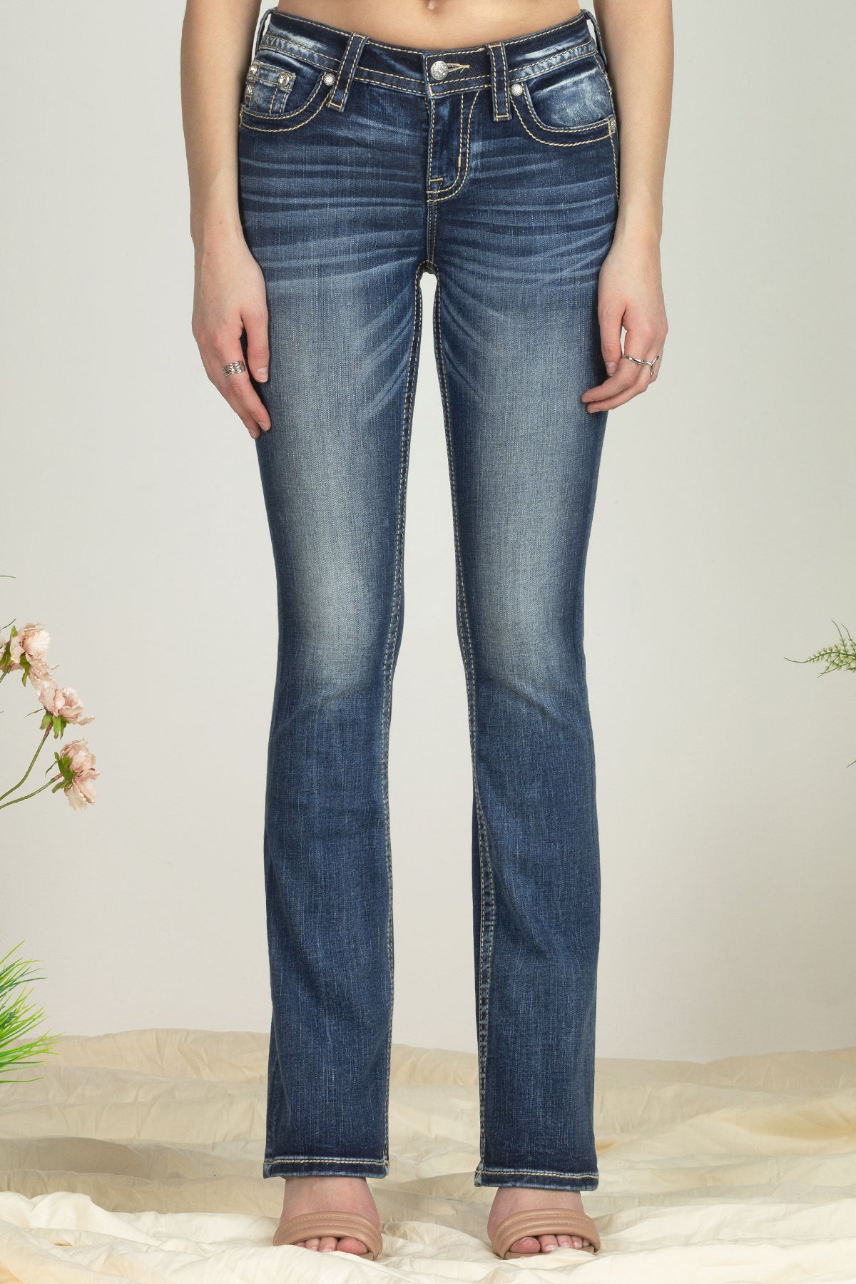 Turquoise Blue Feathers Bootcut Denim