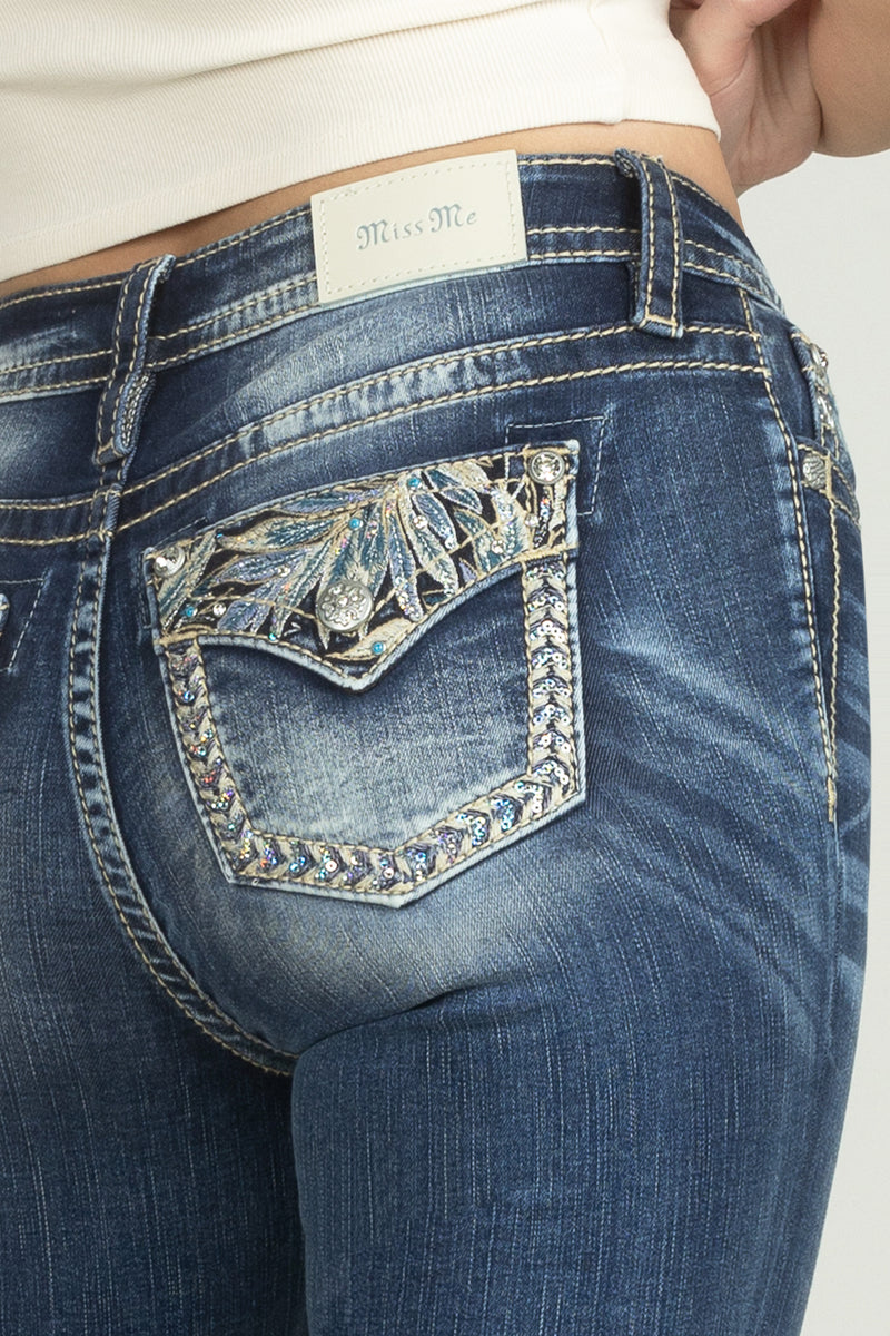 Turquoise Blue Feathers Bootcut Denim