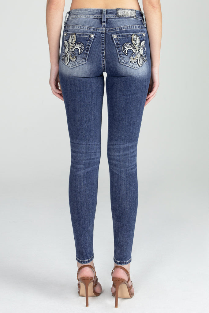detailed fleur de lis skinny denim jeans