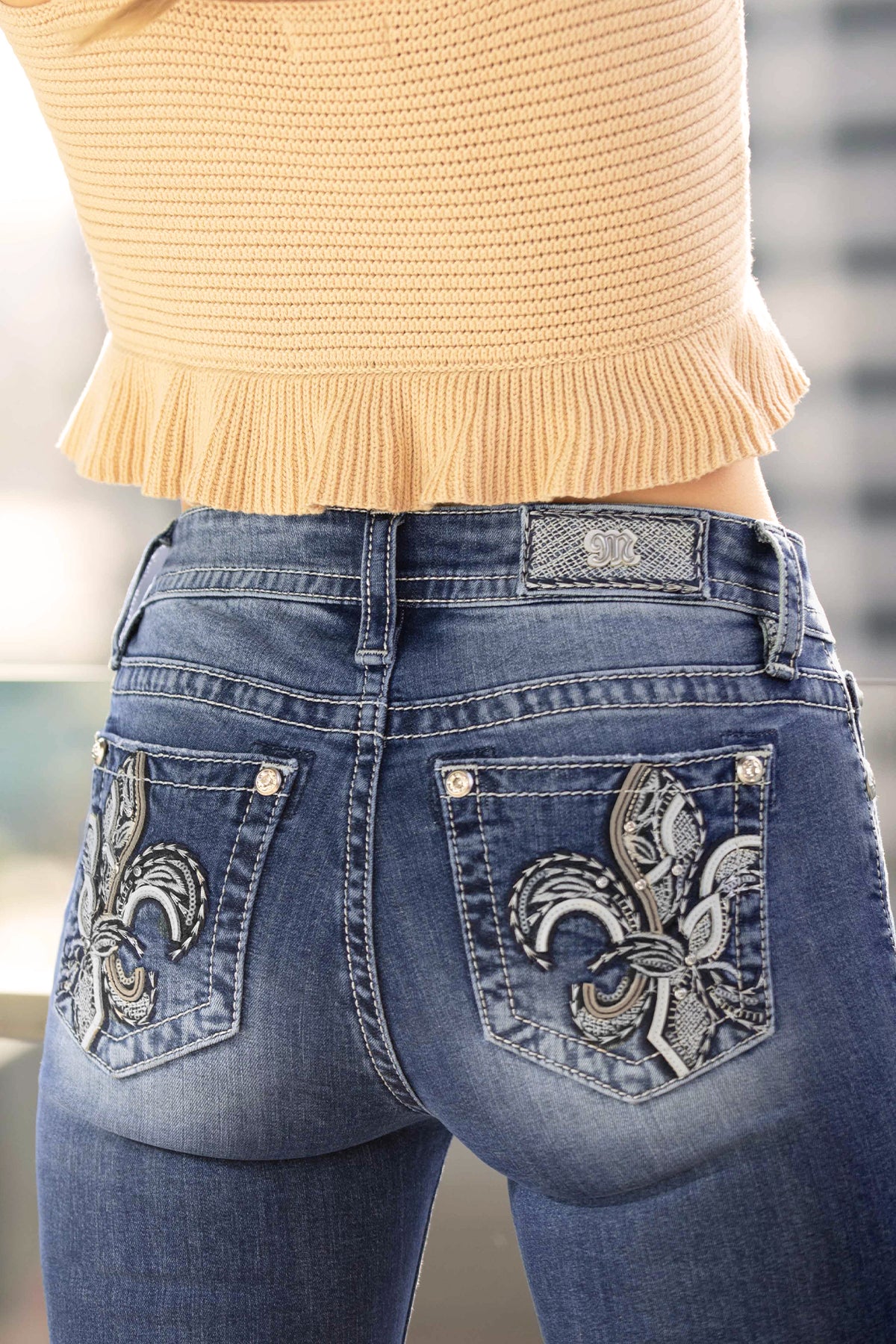 Detailed Fleur De Lis Skinny Denim