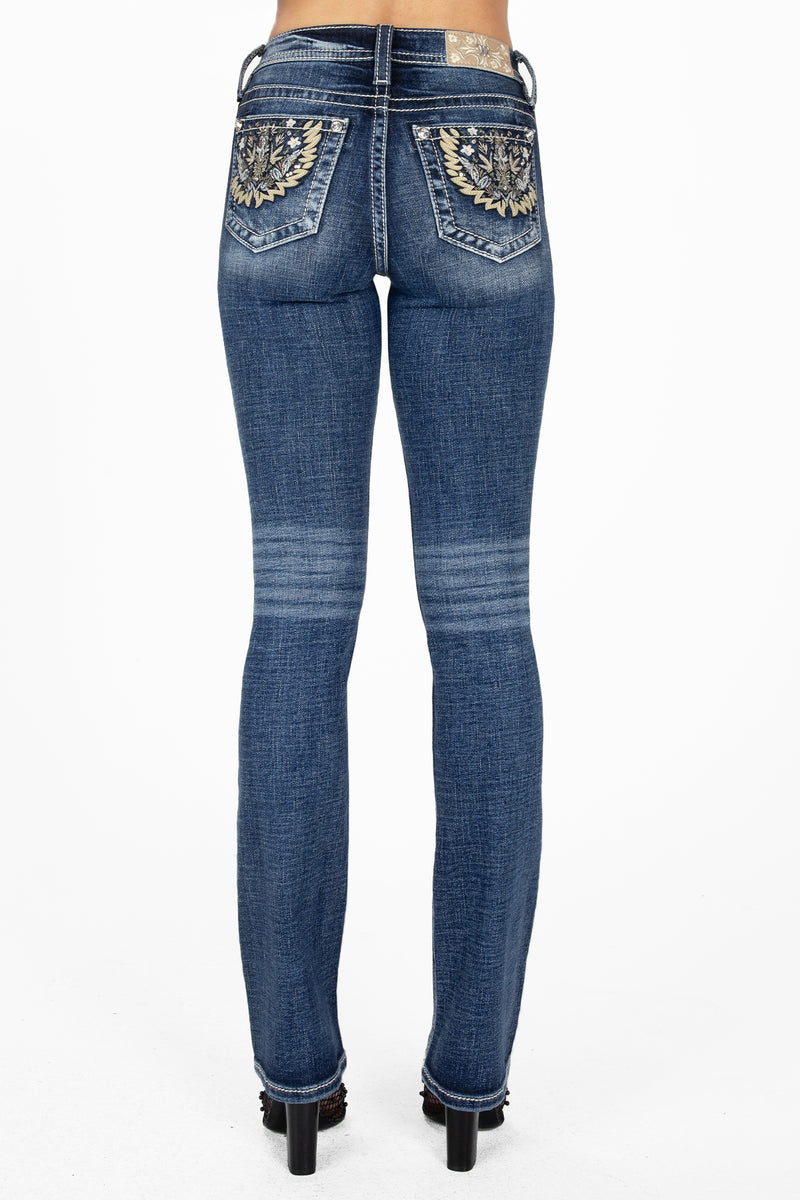 Embroidered Leaves and Flowers Bootcut Jeans