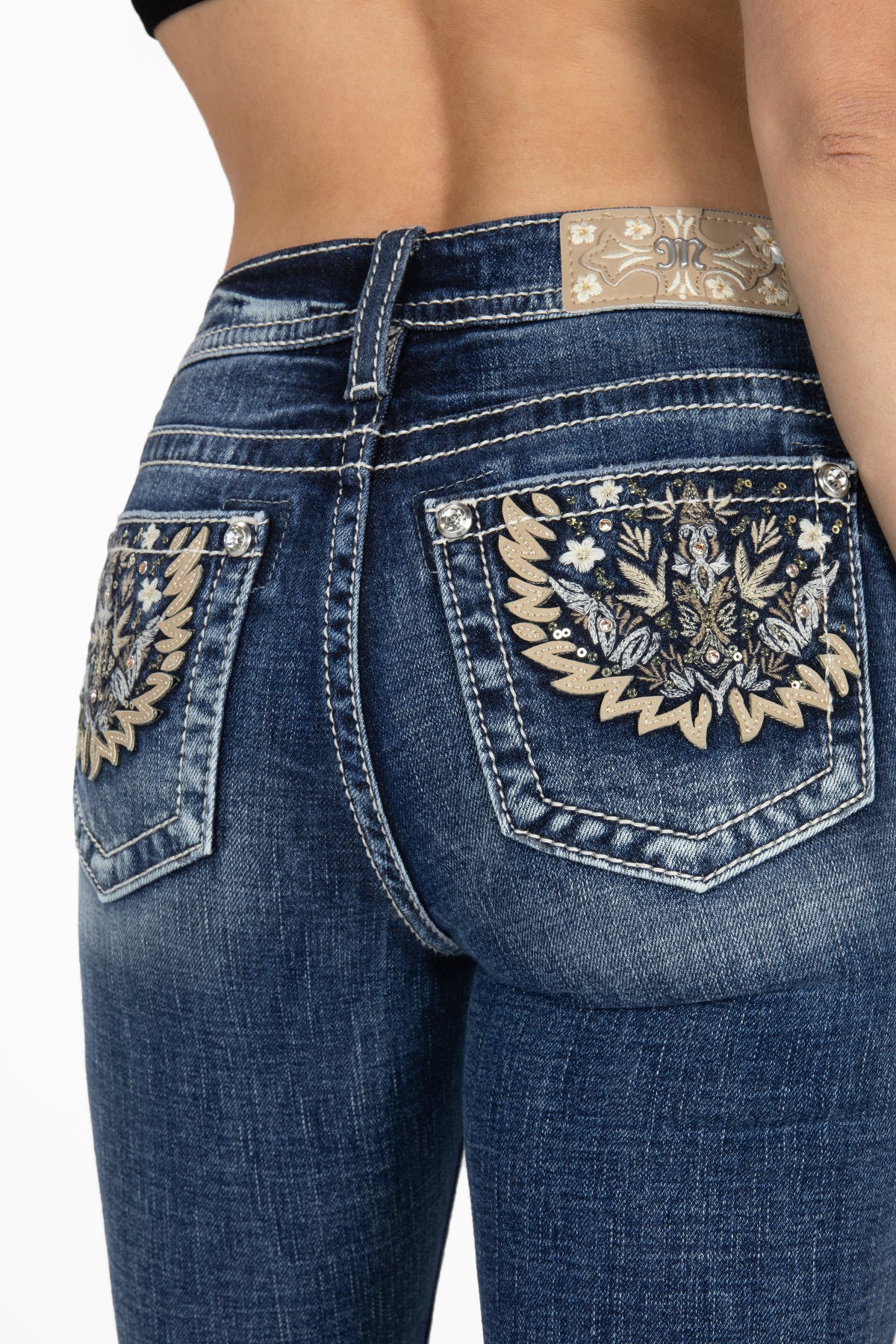 Embroidered Leaves and Flowers Bootcut Jeans