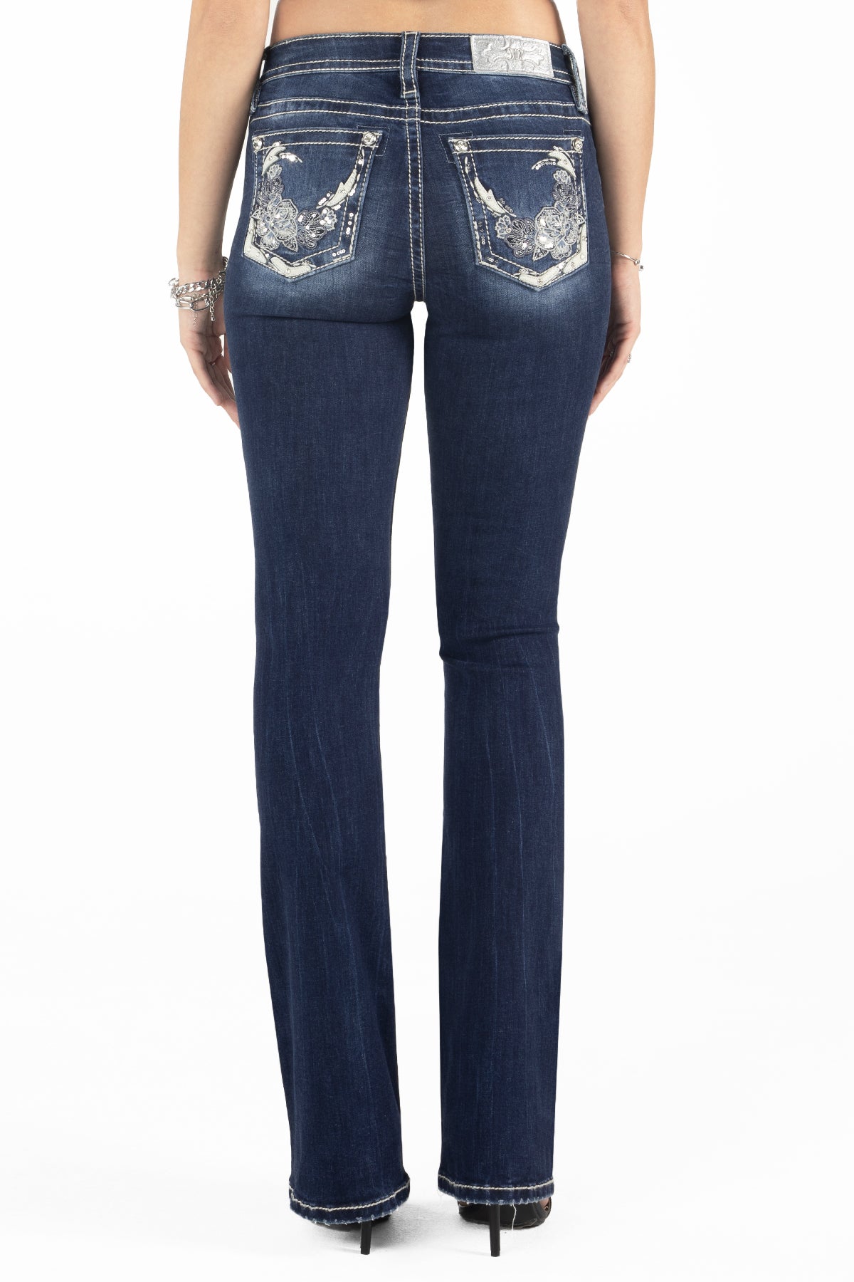 Floral White Leather Bootcut Jeans, Only $114.00