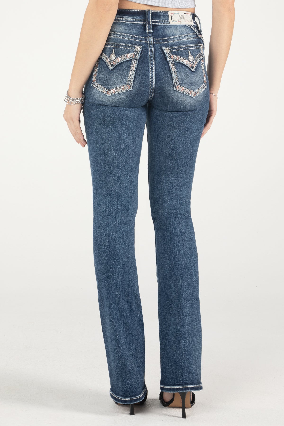 Pink Border Stitch Bootcut Jeans | Only $95.20 | Dark Wash