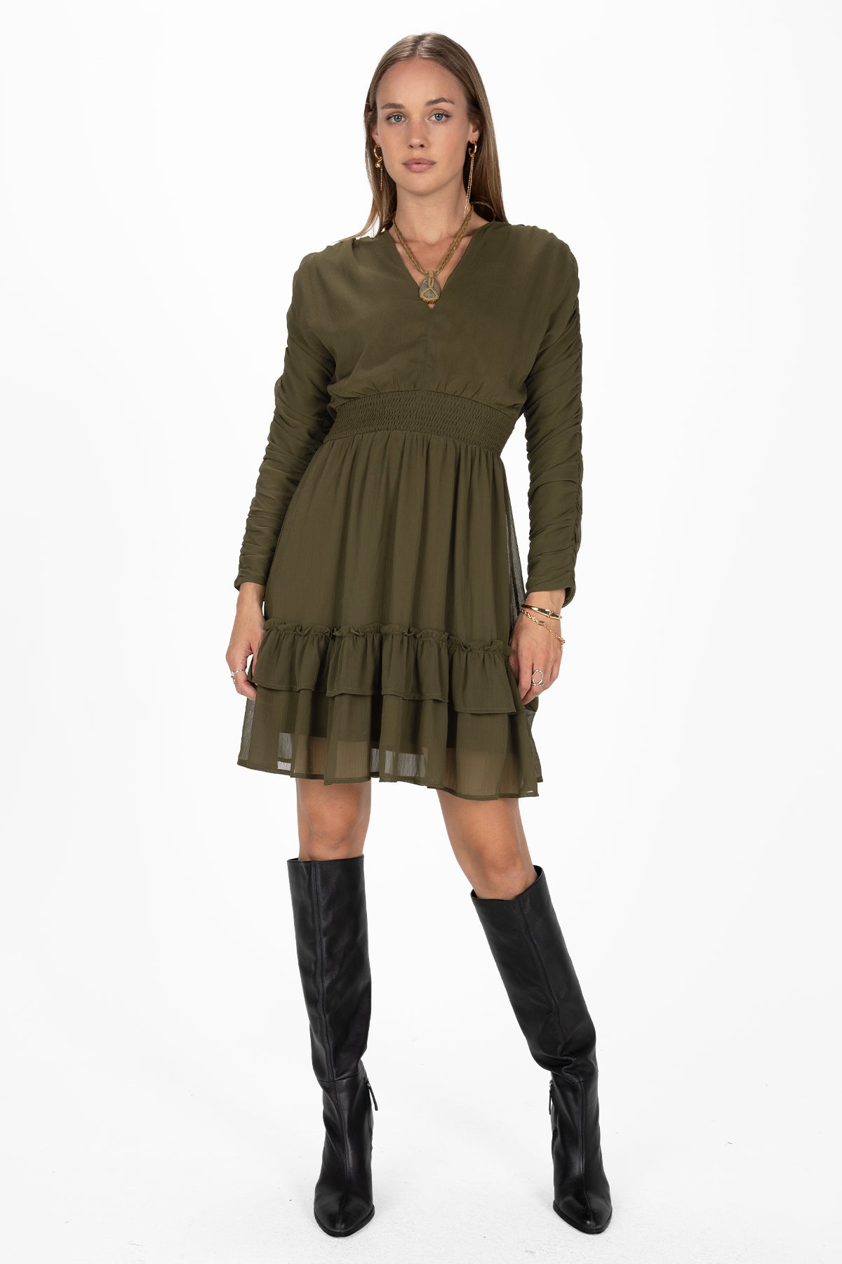 Moss Green Ruched Mini Dress