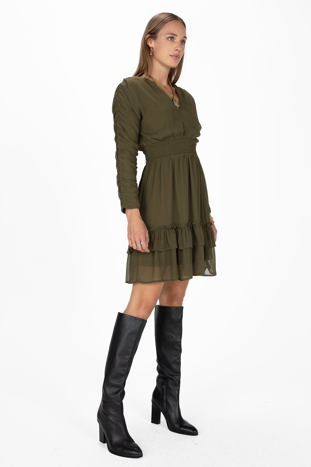 Moss Green Ruched Mini Dress