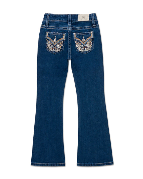 Miss Me Damen Bootcut-Jeans – Mid-Rise, Mit Stickerei, Strass & Stretch, Winter-Lace-Design