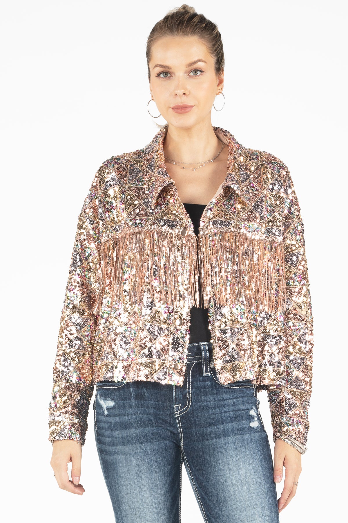 Geometric Sequin Fringe Jacket, Only $94.00, Multi Green, Red Wine, Rose  Gold