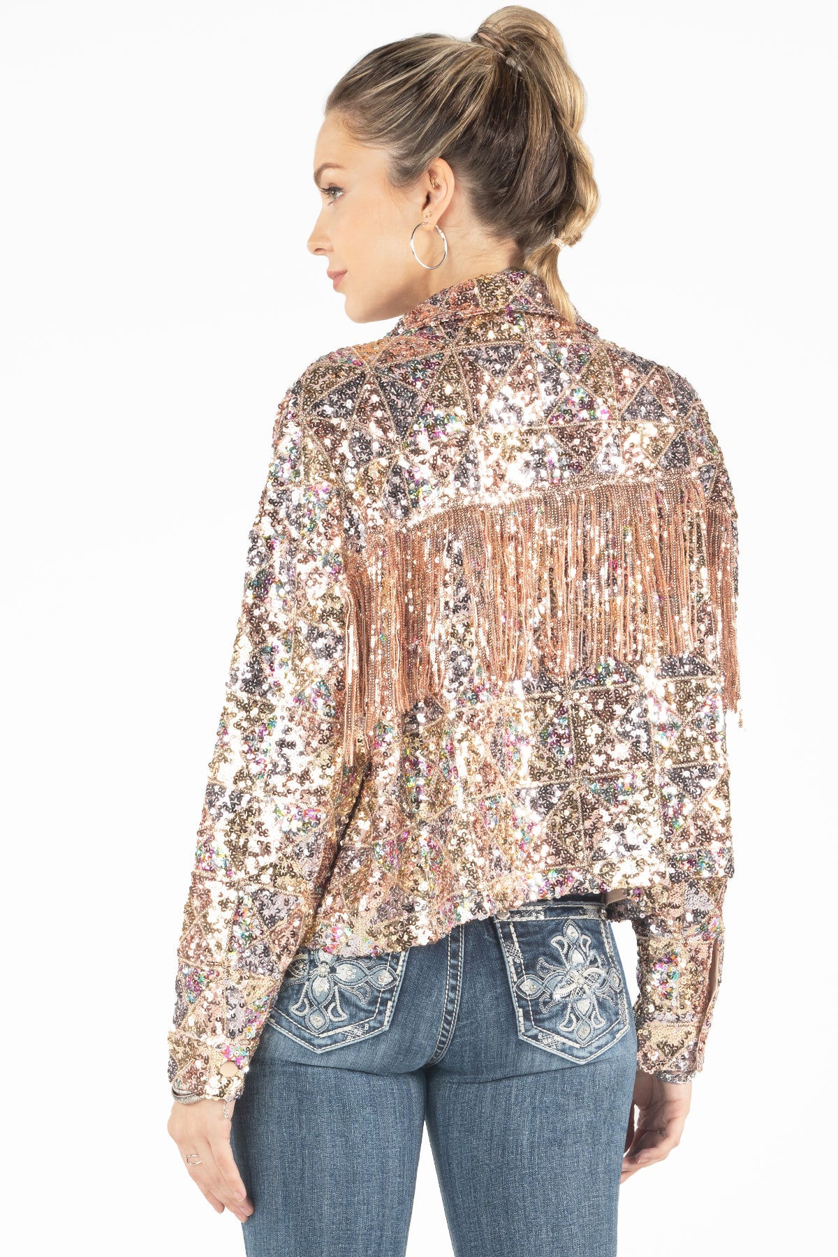 Geometric Sequin Fringe Jacket, Only $94.00, Multi Green, Red Wine, Rose  Gold