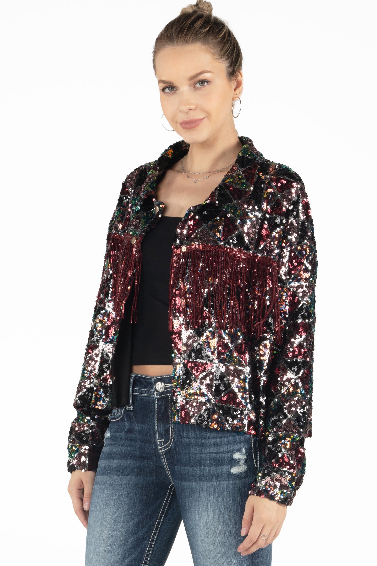 Geometric Sequin Fringe Jacket, Only $94.00, Multi Green, Red Wine, Rose  Gold