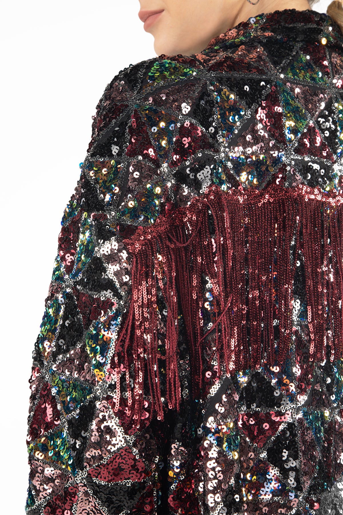 Geometric Sequin Fringe Jacket, Only $94.00, Multi Green, Red Wine, Rose  Gold