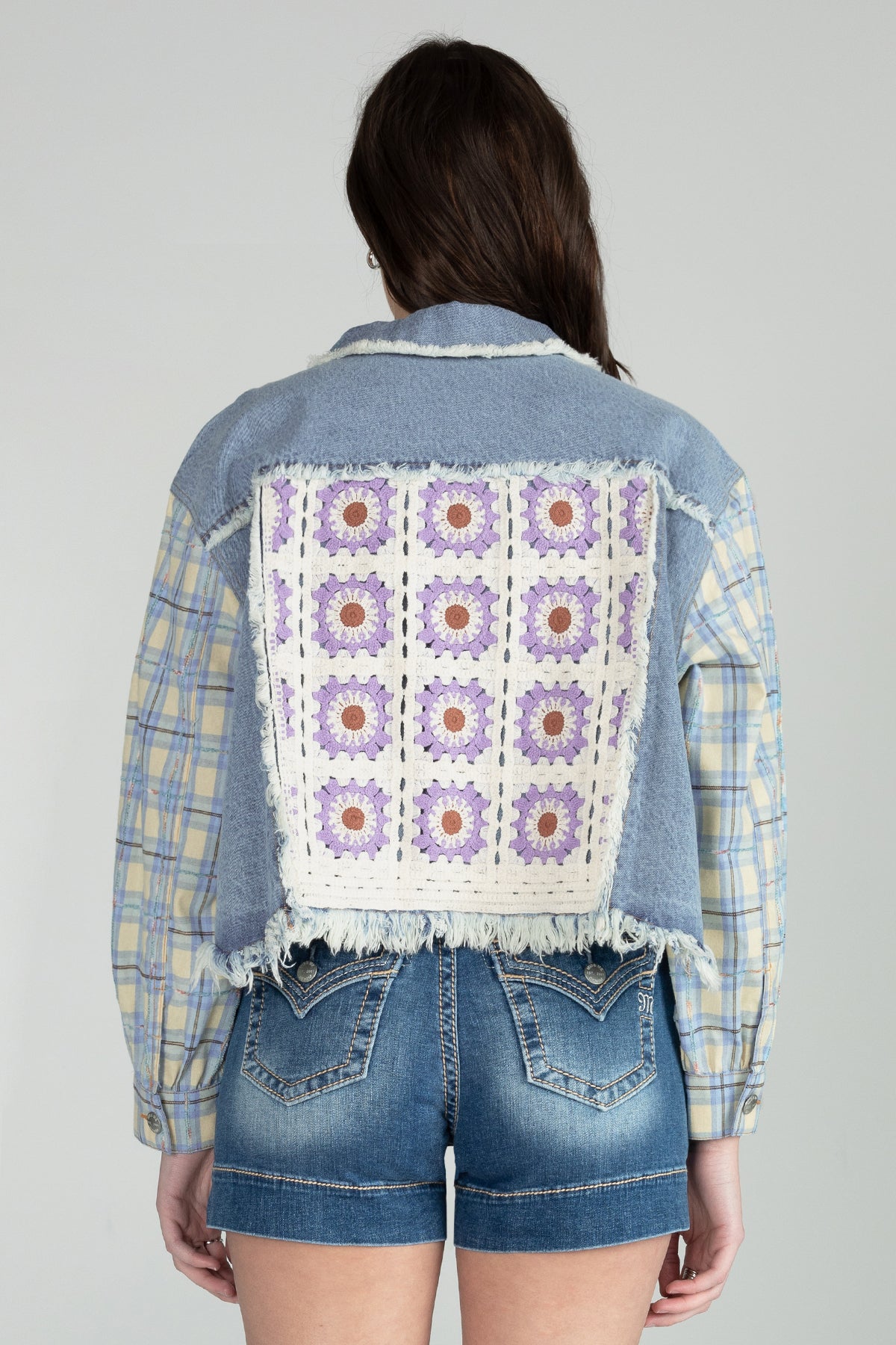 Cropped Plaid Denim Jacket