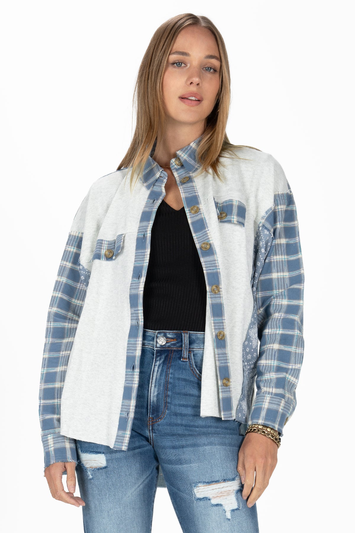 Plaid and Bandana Print Button Up Shirt