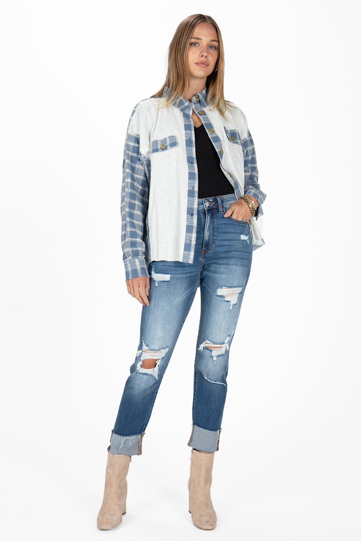 Plaid and Bandana Print Button Up Shirt