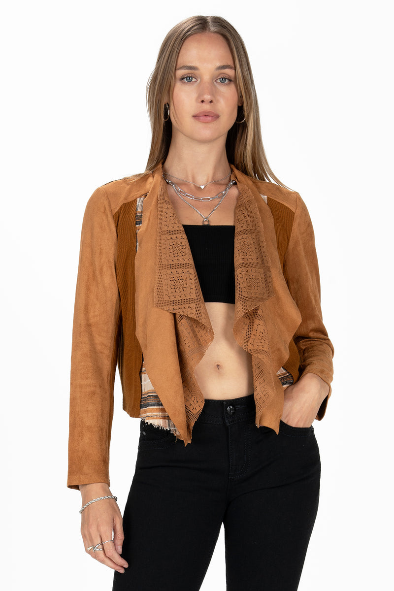 Faux Suede Waterfall Plaid Cardigan