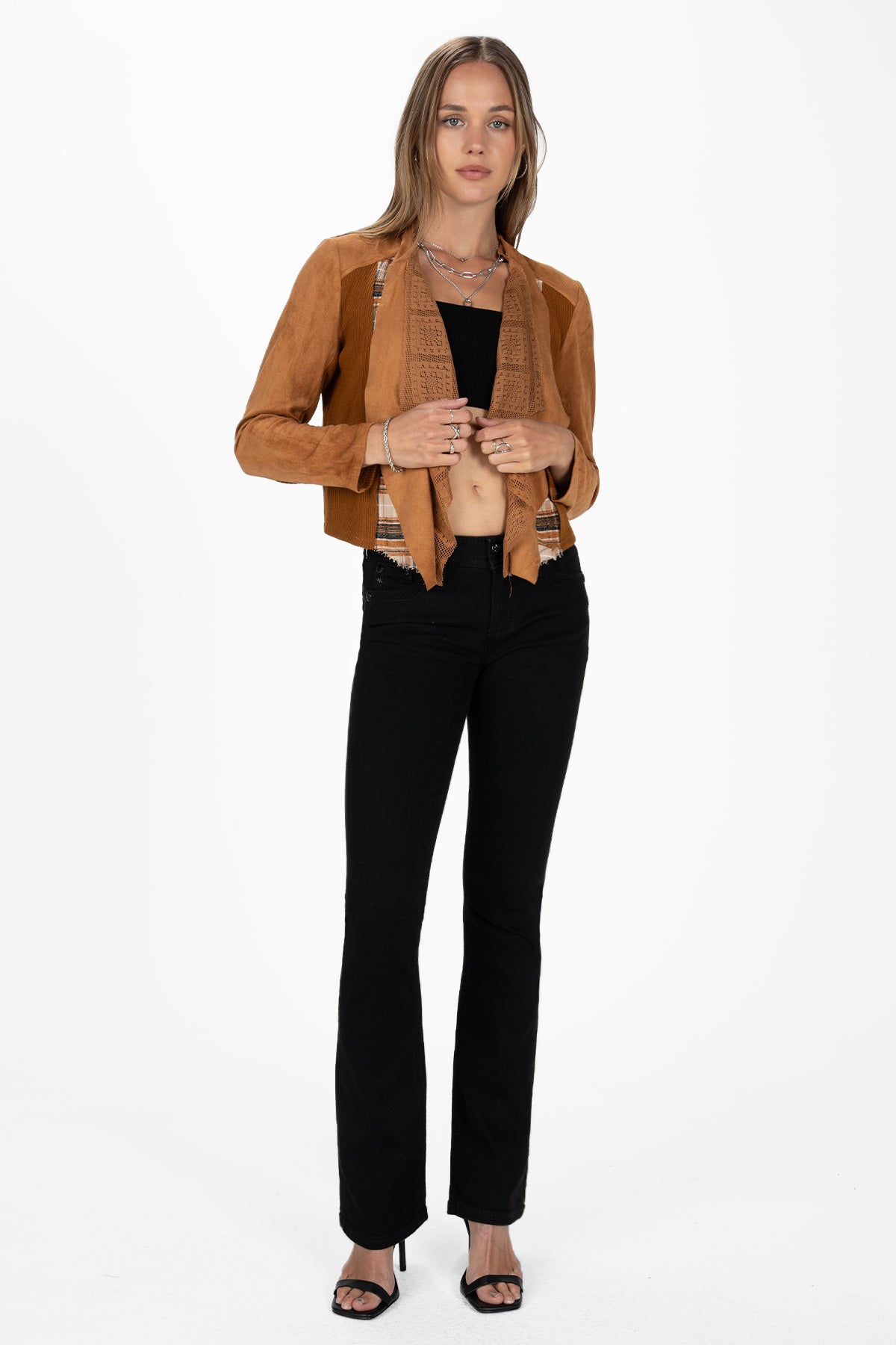 Faux Suede Waterfall Plaid Cardigan