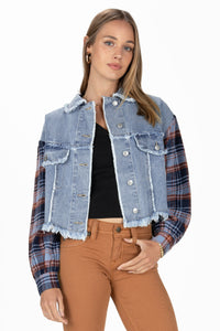 Dark Plaid Crochet Denim Jacket