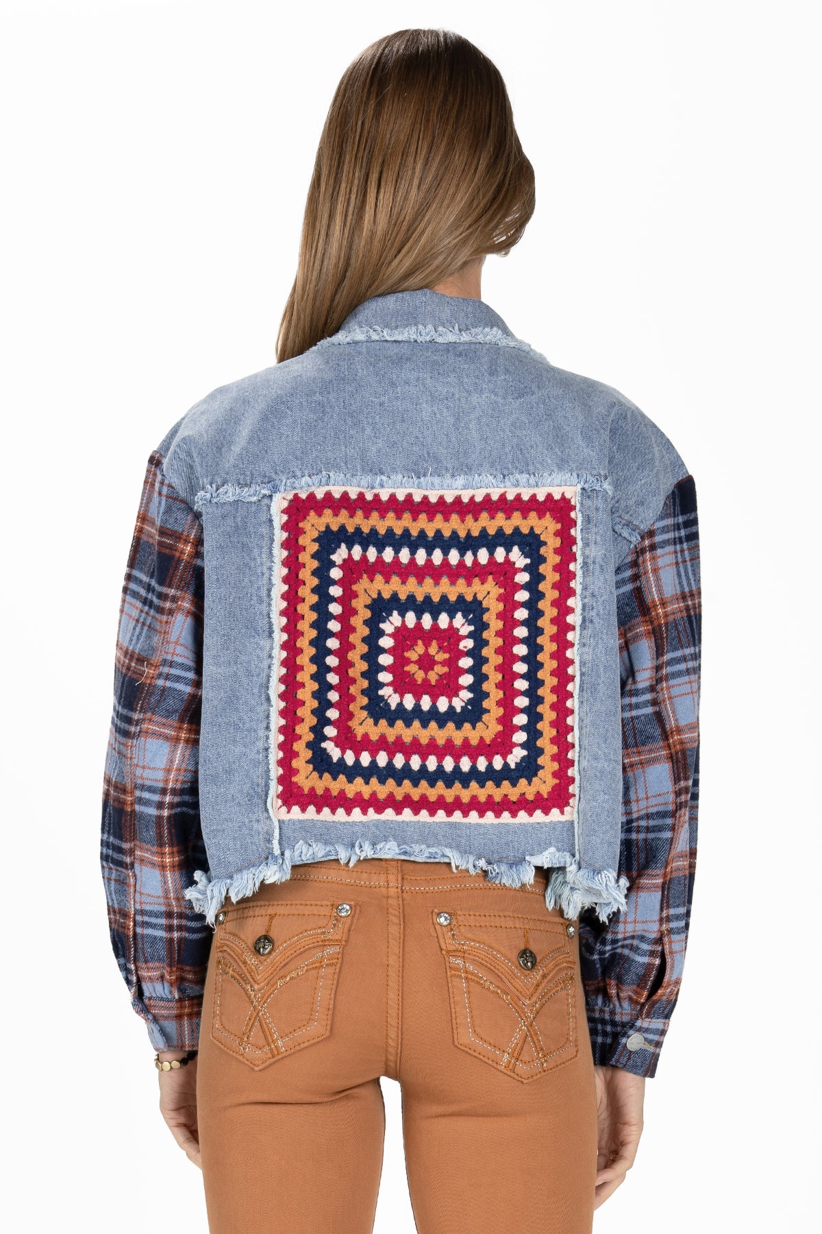 Dark Plaid Crochet Denim Jacket
