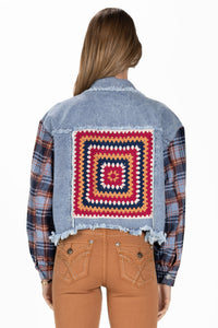 Dark Plaid Crochet Denim Jacket