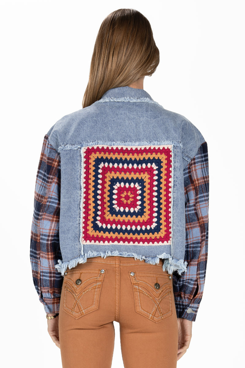 Dark Plaid Crochet Denim Jacket