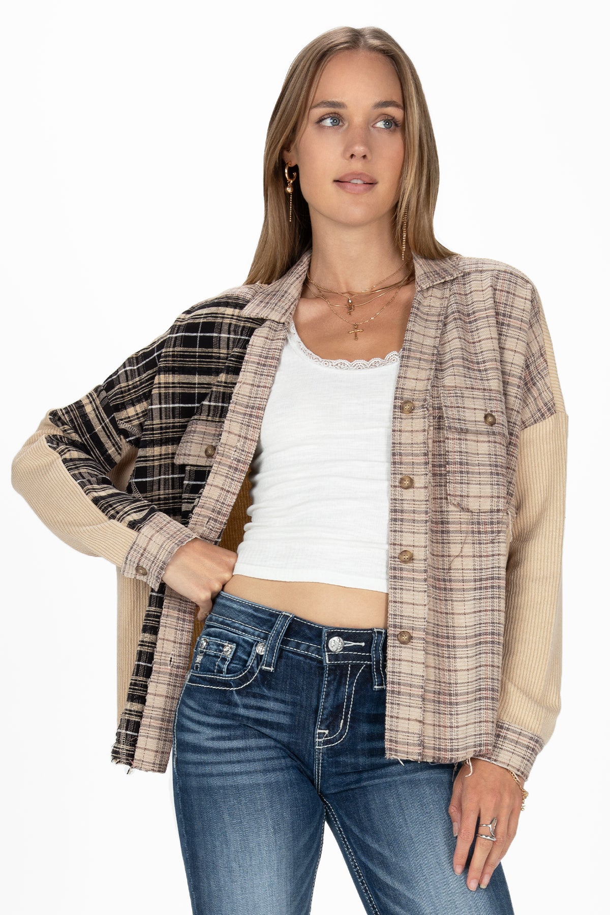 Contrasting Plaid Button Up Jacket