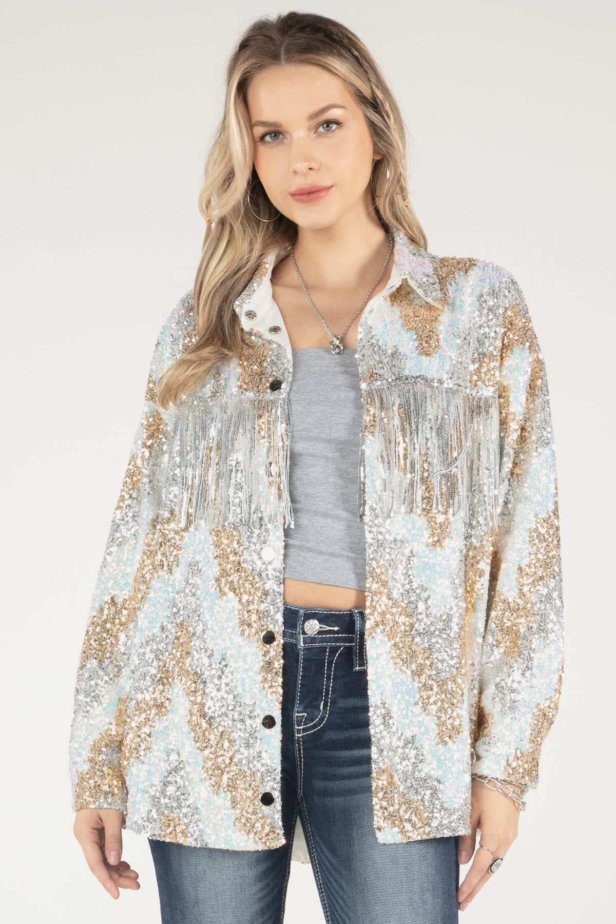 Fighting Silver Sequin Fringe Jacket for Women M