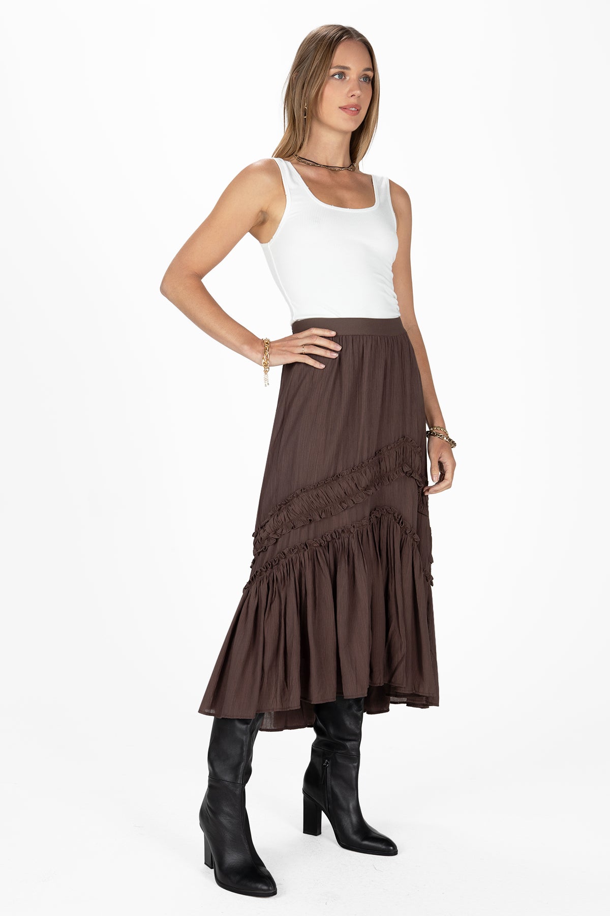 Asymmetical Ruffle Midi Skirt