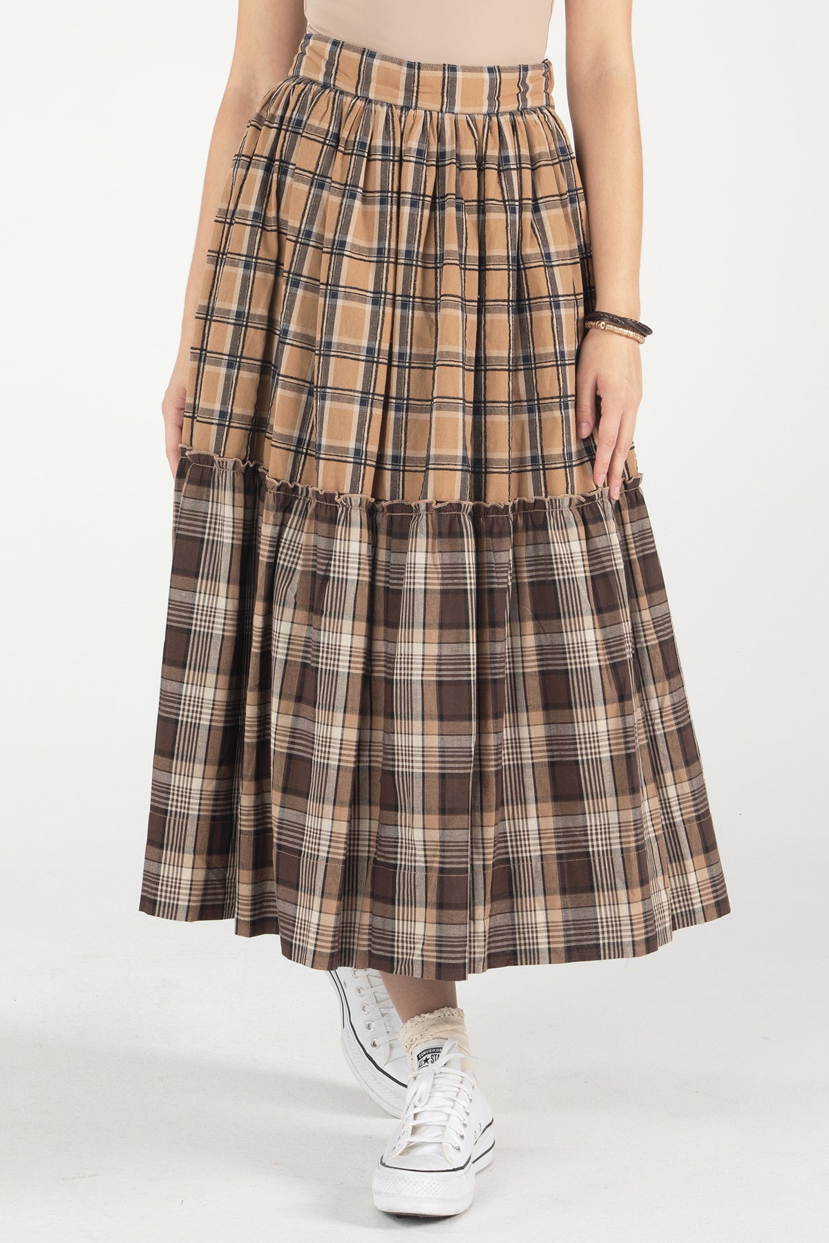 Mixed Plaid Midi Skirt Only Multi Brown Miss Me1