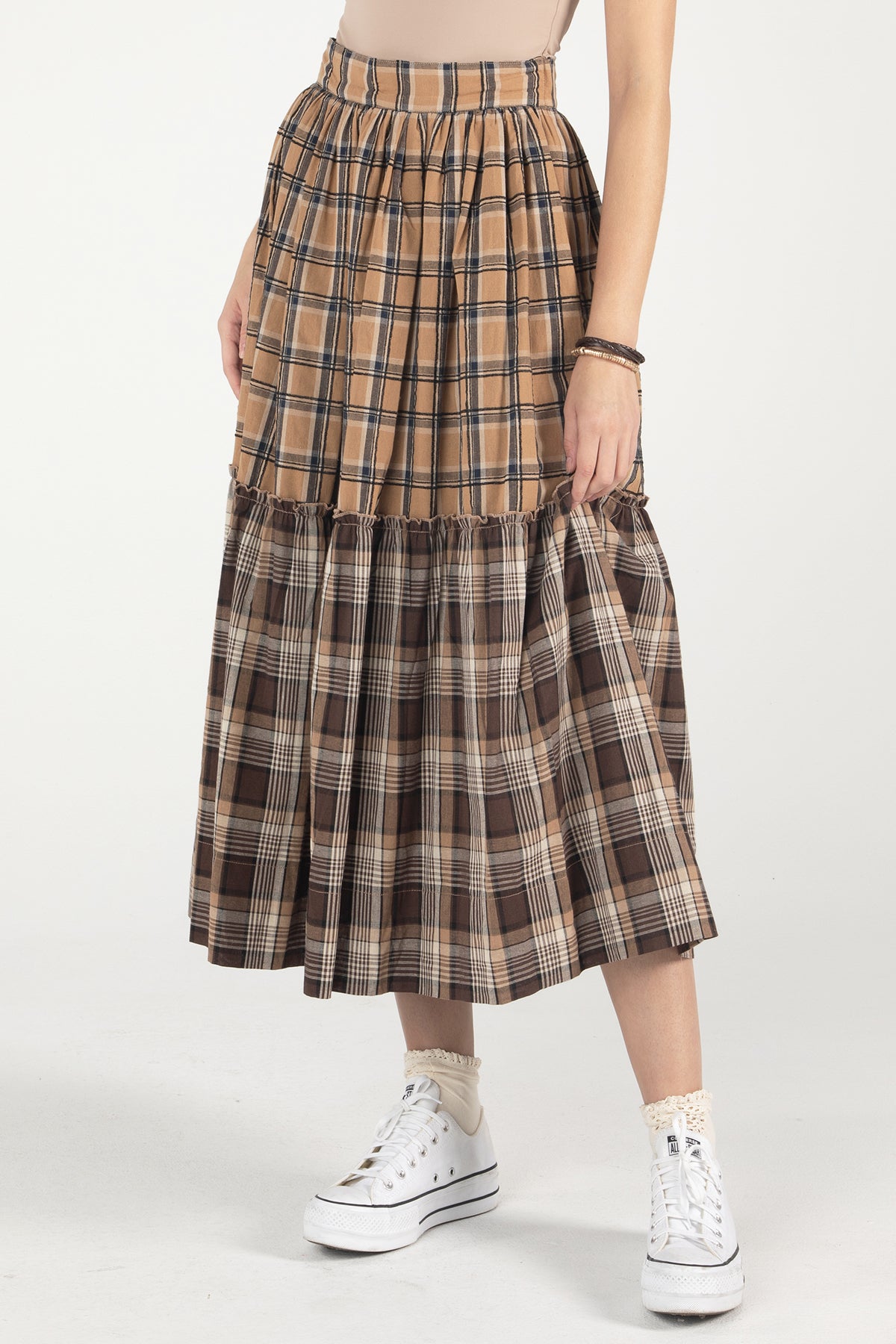 Mixed Plaid Midi Skirt Only Multi Brown Miss Me