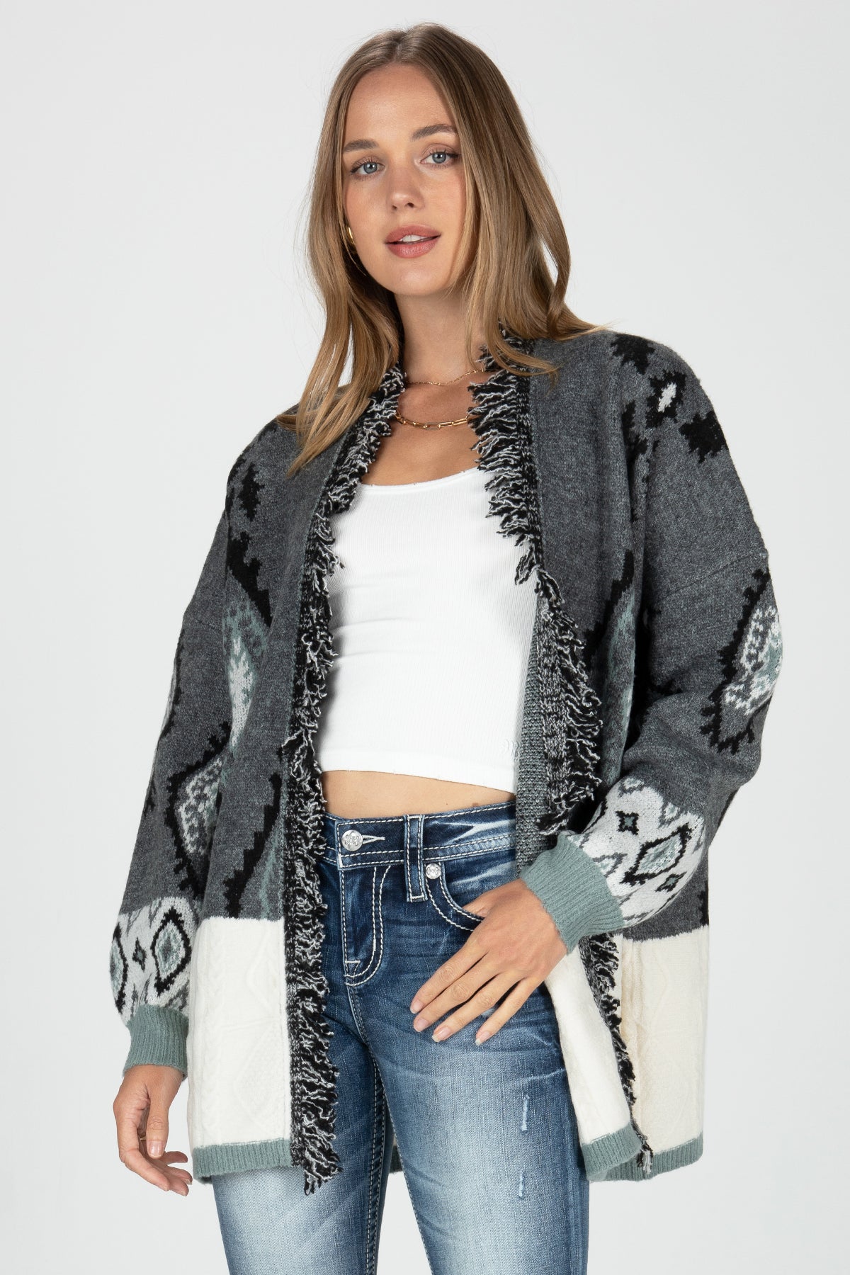 Sweater Block Open Front Aztec Cardigan, Only $89.00, Multi Grey, Jade  Green