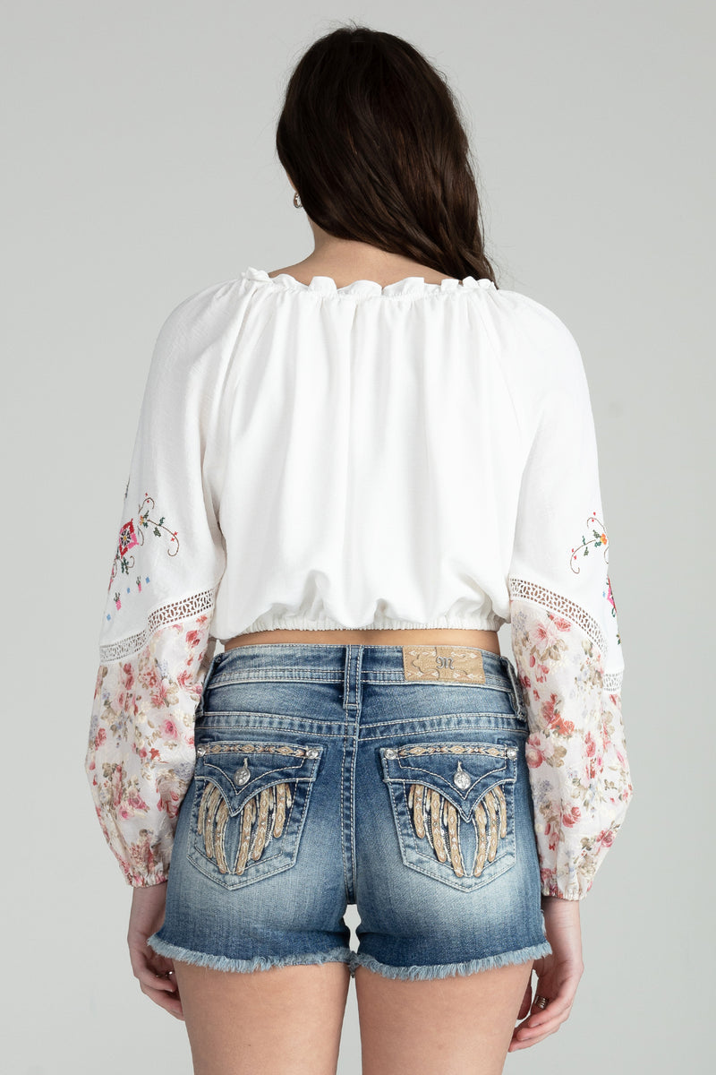 Floral Puff Long Sleeve Embroidered Top