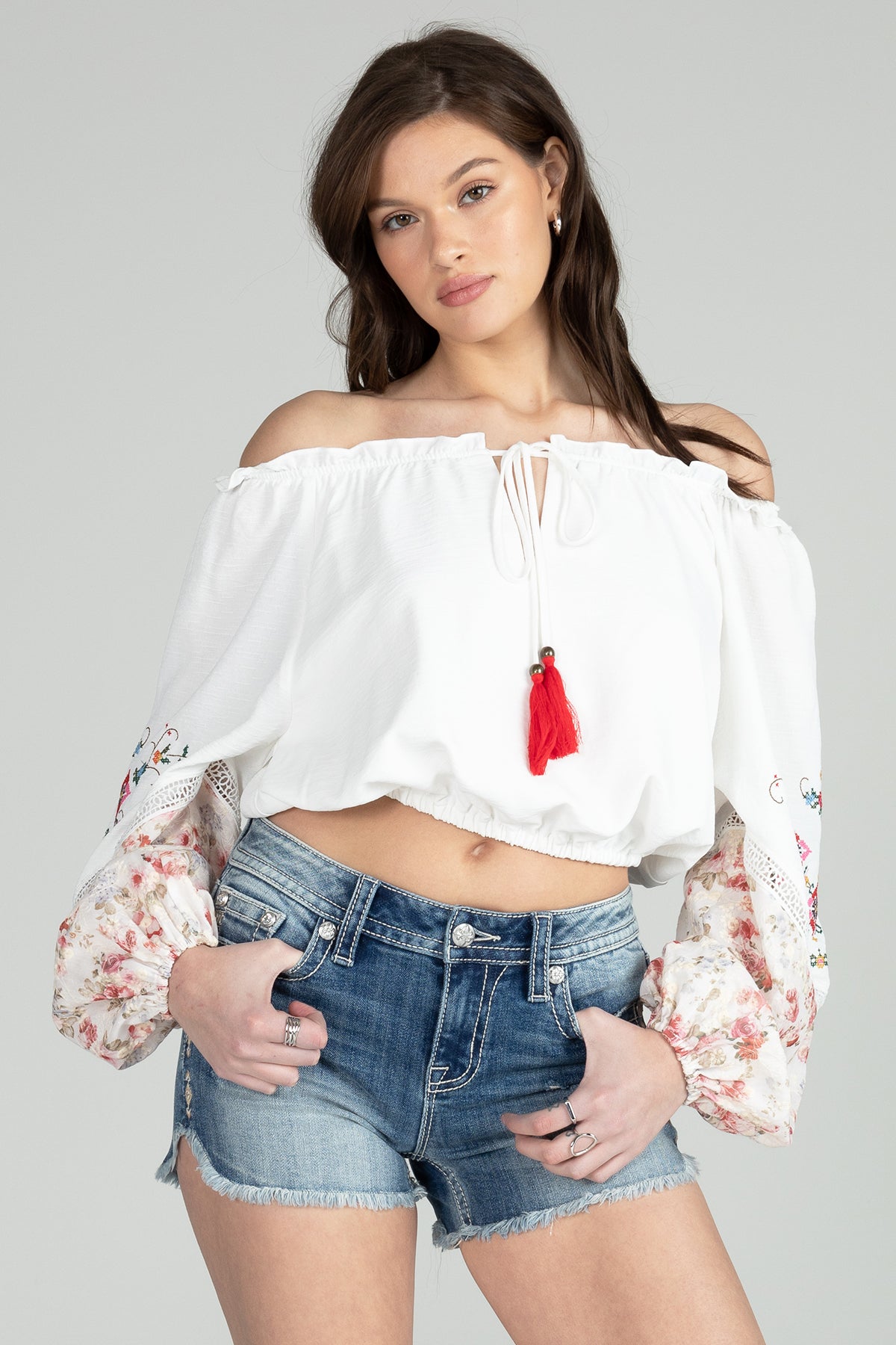Floral Puff Long Sleeve Embroidered Top Only 55.20 Multi White
