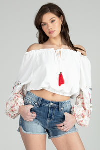 Floral Puff Long Sleeve Embroidered Top