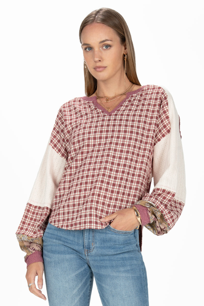 Plaid and Paisley Waffle Knit Top