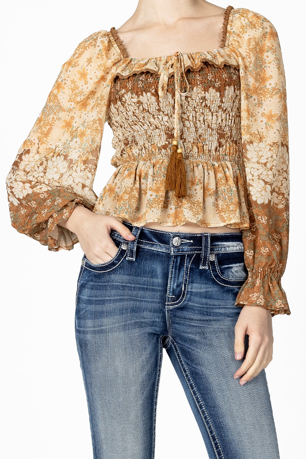 Mixed Orange Floral Smocked Blouse
