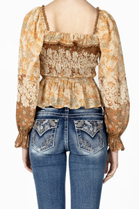 Mixed Orange Floral Smocked Blouse